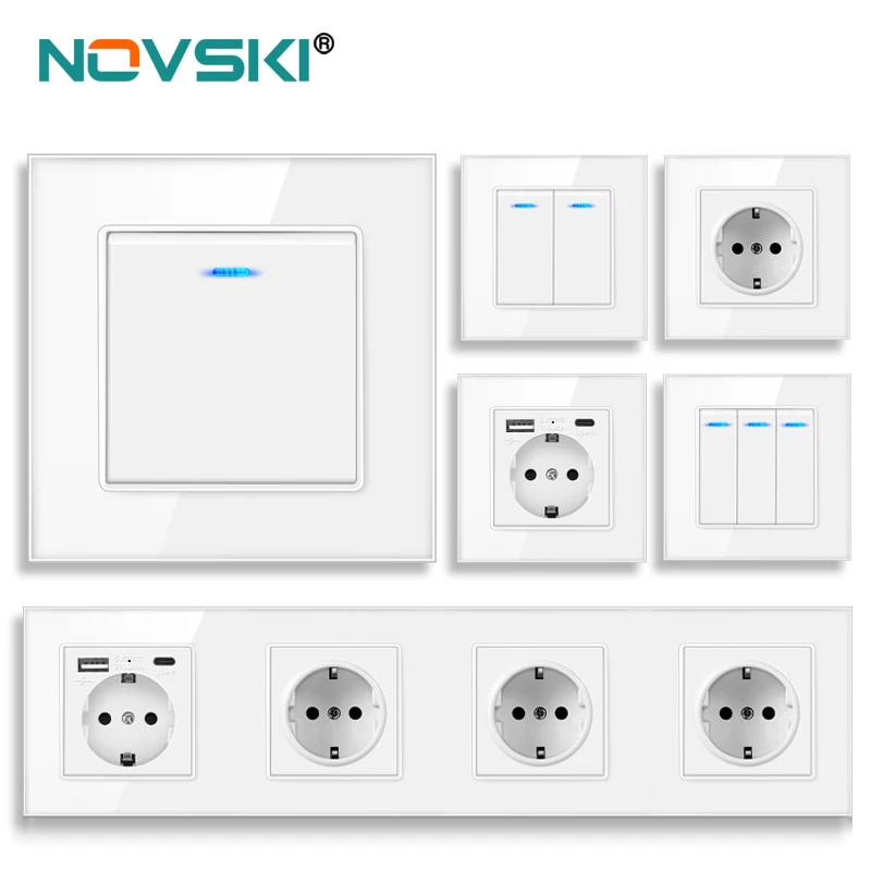 European Union Germany wall-mounted crystal glass white panel power socket with three plugs grounded, 16A triple power socket