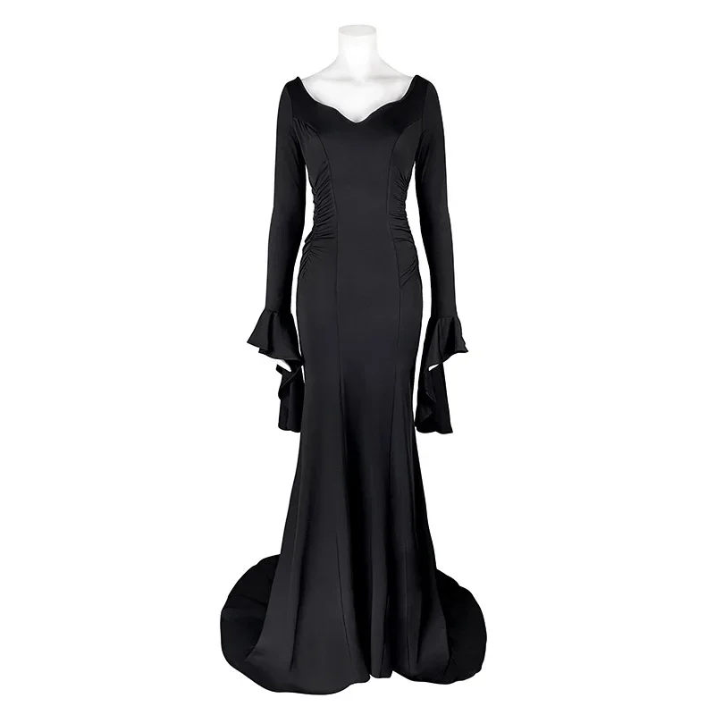 Addams Wednesday Morticia Addams Cosplay Costume Halloween Sexy Dress Wig  Adult Women Punk Gothic Witch Lace Up Slim Gown Dress