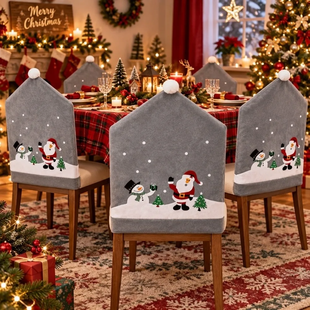 Xmas Party Supplies Santa Claus Christmas Chair Cover Stripe Grid Snowman Dining Chair Cover New Year Stool Cover Xmas Party