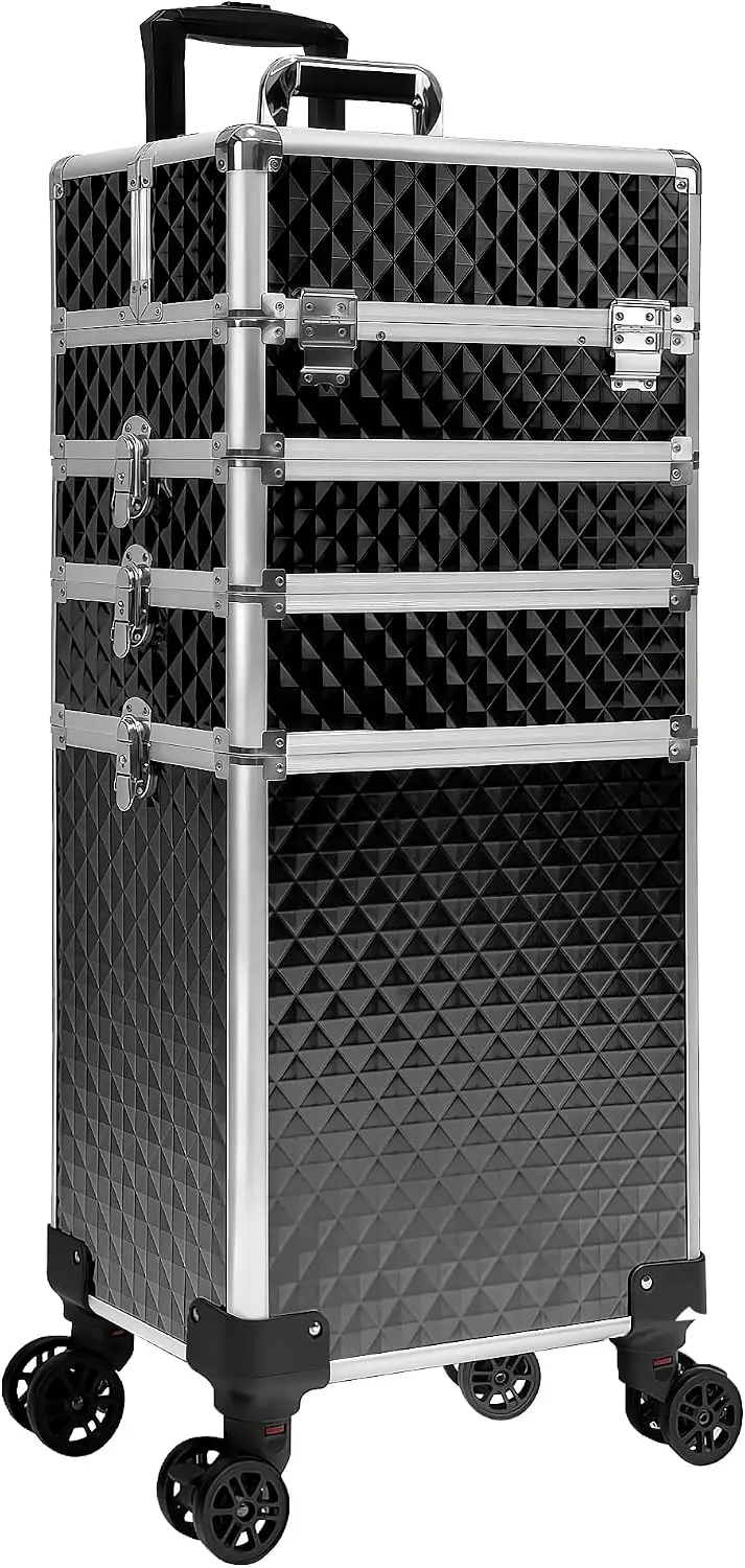 Rolling Makeup Train Case, Cosmetic Trolley Luggage Box, Salon Beauty Barber Tool Storage Organizer, Multi Layer Detachable Caster Wheel Holder, Classic Style, Solid Black, 1 Pack view 8