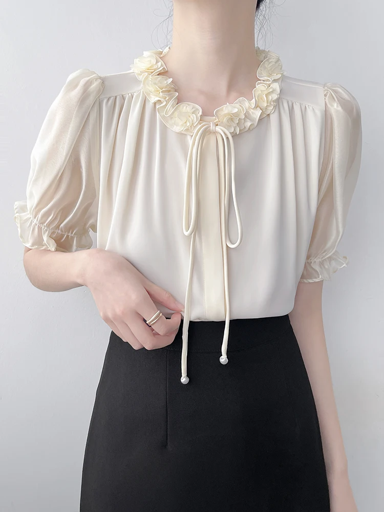 

Korean Sle Floral Stand Collar irt Women's Summer New Faion Versatile ort Sve Tied Top Light Beige Breathable Comf...