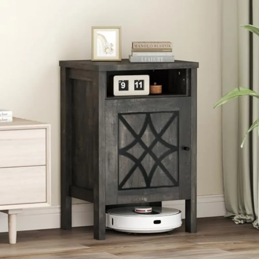 Robot Vacuum Storage Cabinet, Retro Sofa Side End Table with Hidden Robotic Vacuum Cleaner Storage and Open Compartment, Sweepi