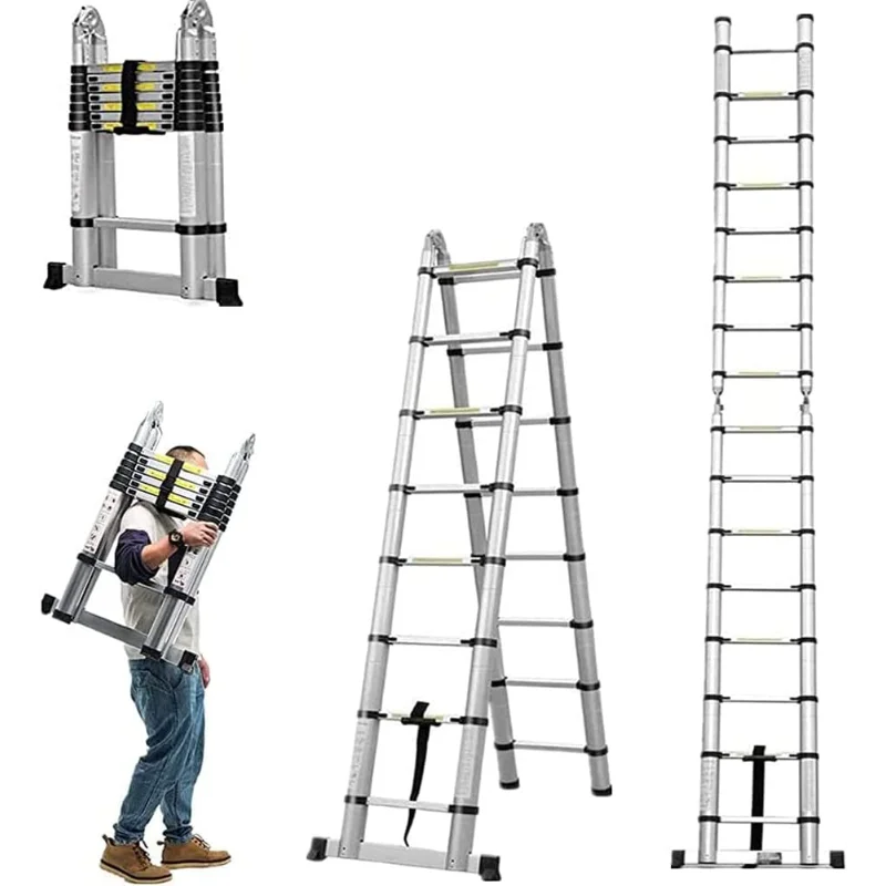 Aluminum Telescopic Extension Ladder 8.2FT A-Frame 2-in-1,Portable Multi-Purpose Folding with Balance Rod,8+8 Steps Adjustable