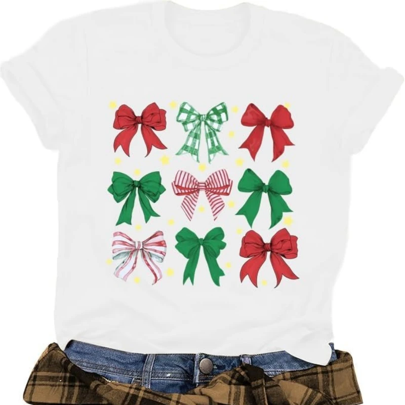 Women's Christmas Cotton T-Shirts, Christmas Tree Design, Cute Tie Pink Ribbon with Lights Crew Neck Short Sleeve Fashion Casual