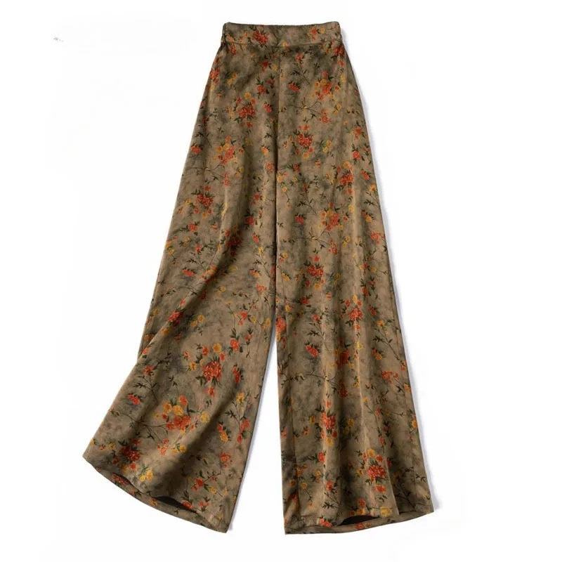 Women's Spring/Summer Fashion Clothing Heavy 100% Natural Mulberry Silk Gambiered Guangdong Gauze Retro Straight Legged Pants