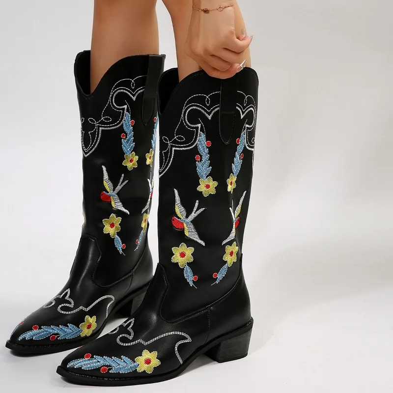 Women\'s Retro Embroidered Western Boots 2023 Autumn Pu Leather Thick Heels Cowboy Boots Woman Slip On Pointed Toe Mid Calf Botas