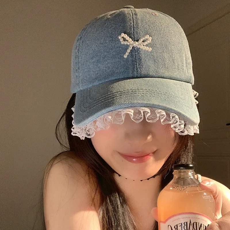 Korean Version of Niche Lace Denim Baseball Cap Female Sweet and Cute Three-dimensional Pearl Bow Trendy Sports Hat Casquette