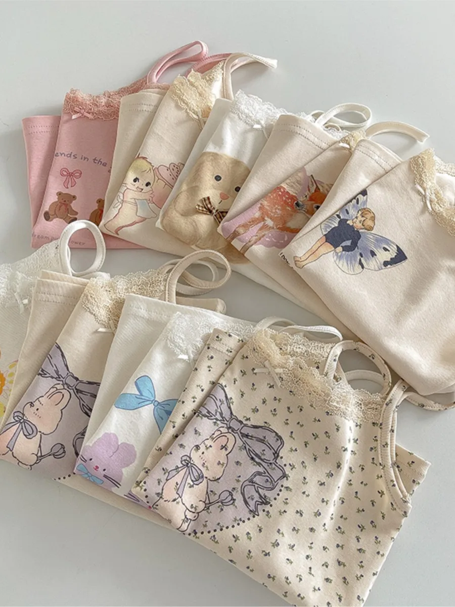 น่ารักการ์ตูนลูกไม้ Trim TANK Tops ผู้หญิงฤดูร้อนใหม่ Slim Cotton เสื้อแขนกุด VINTAGE Sweet Preppy สไตล์ Camisole Y2K เสื้อผ้า