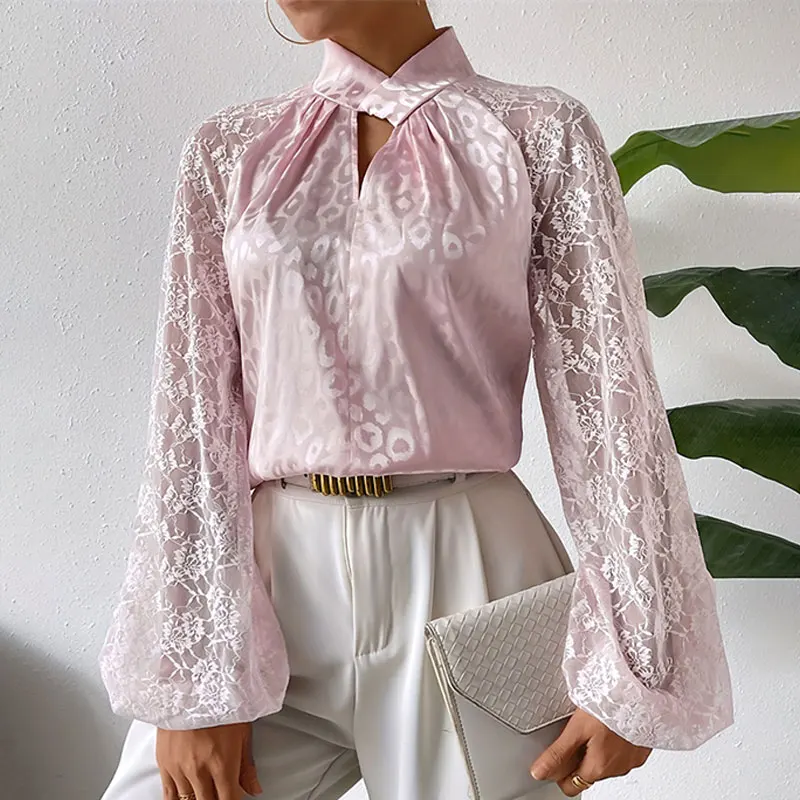 

Lace Satin Trend Women Casual Elegant Long Sleeved Shirt Office Lady Women's Korean Style Silk See Through Pink Tank Top Floral