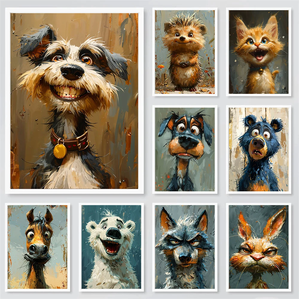 Funny Animals Vintage Painting Poster Canvas Prints Animals Cartoon Aesthetic Wall Decor Kids Room Wall Art Funny Cat Dog Decor