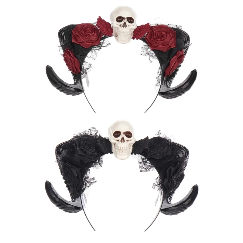 DXAE Resin Devil Horn Skull Headband with Lace Trim and Rose Flower for Gothic Party Styling, Halloween Cosplay Costume Hair