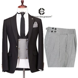 Cenne Des Graoom New Classics Black Suits For Men Wedding Groom Single Breasted Jacket Checked Vest Pants 3 Pieces Costume Homme