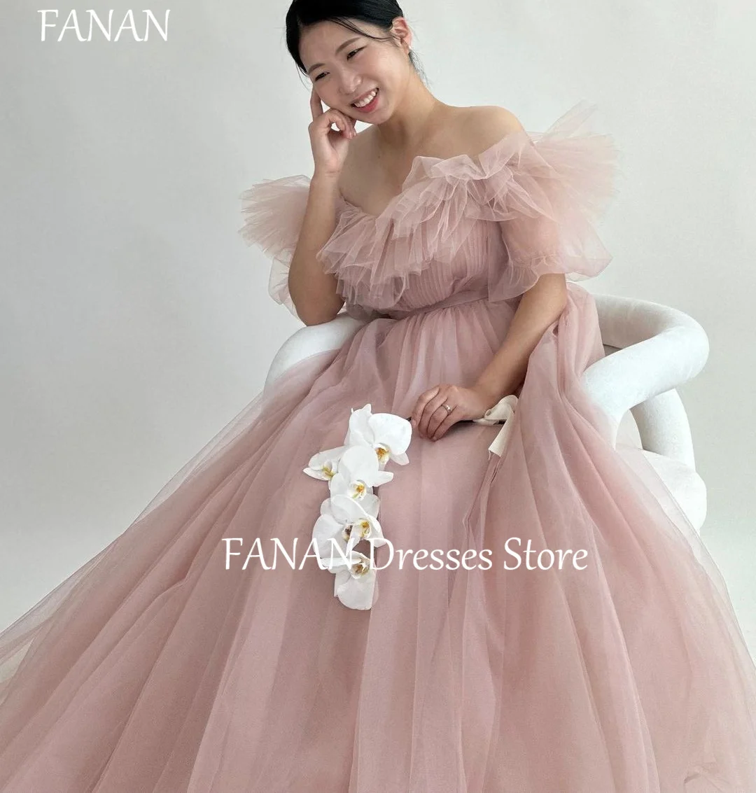 FANAN Off-Shoulder Tulle Pink Evening Party Dresses Korea Princess Ruffles Wedding Women Gowns Event Prom Gowns Customized