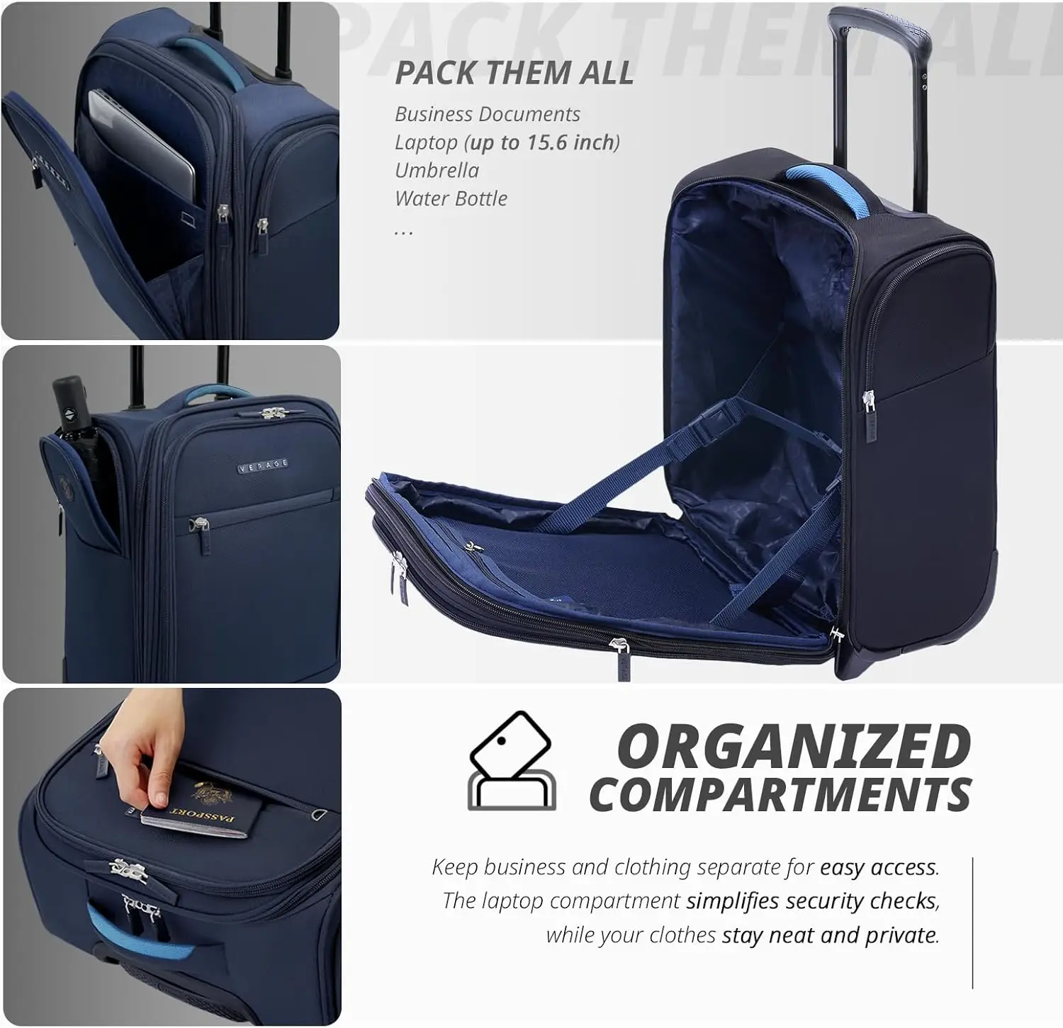 Verage-Petite Valise Spinner à Roulettes, 16 Pouces, Sous Siège, Bagage à Main avec Roues, Softside, Marine, Sac de Voyage pour Ordinateur Portable