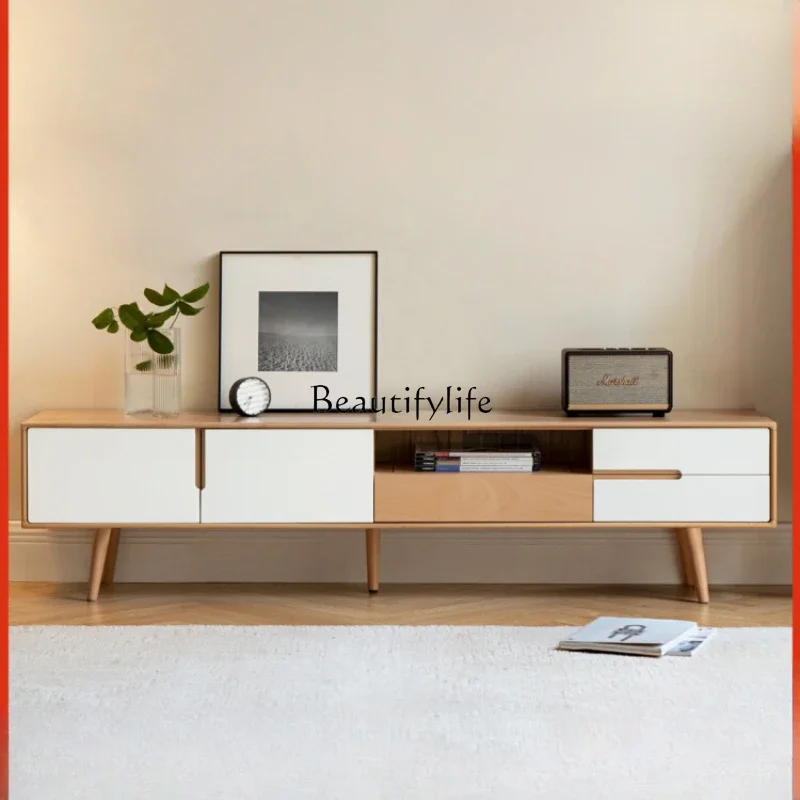 

3All solid wood TV cabinet modern simple white living room small apartment household beech floor cabinet