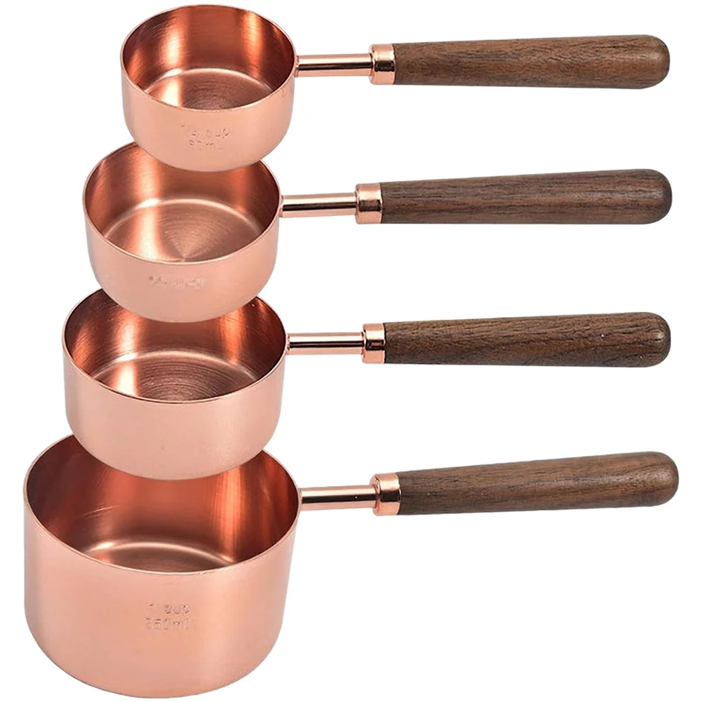 4PCS Stainless Steel Measuring Cup Set With Wooden Handle Pink Baking Tool For Kitchen Cooking Ingredient Scale Gadget
