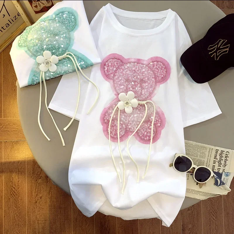 Tshirts For Women Summer Korean Fashion 100% Cotton Short Sleeve Tshirt Bear sequins Designer Clothes Women Luxury Tops S-3XL