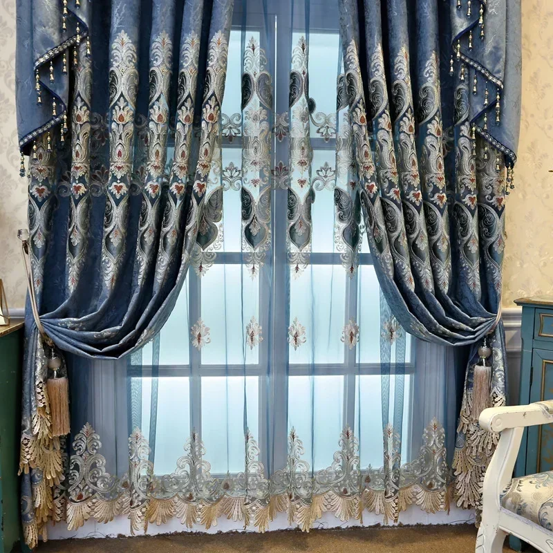 

Elegant Decoration Custom European Embroider Blue Luxury Curtains for Living Room Dining Blackout Bedroom Snowy Valance Tulle