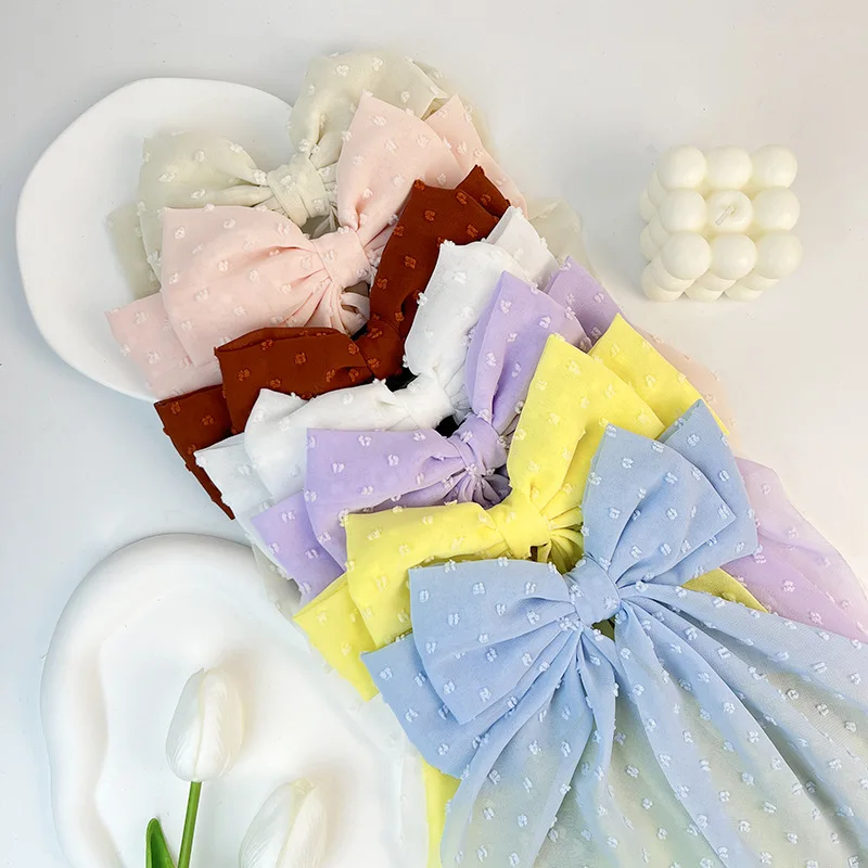 

Корейская фиолетовая шифоновая заколка для волос с большим бантом из ткани в горошек, придающая образу сказочный шарм, пружинный зажим для затылка