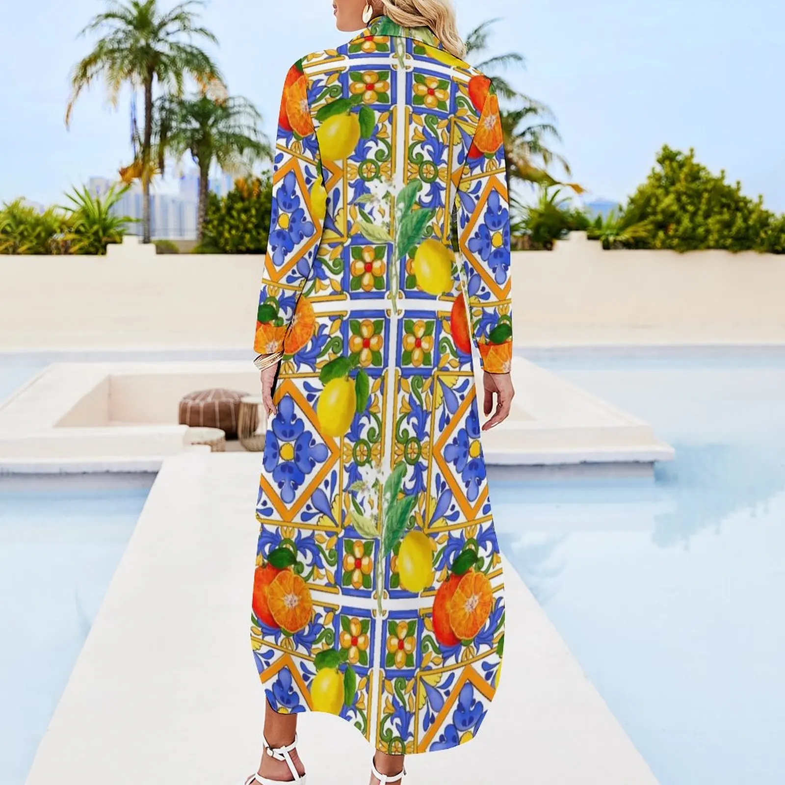 Summer ,Sicilian tiles ,citrus,oranges,majolica,lemons ,Mediterranean Long Sleeved Shirt Dress Prom gown long dresses for women