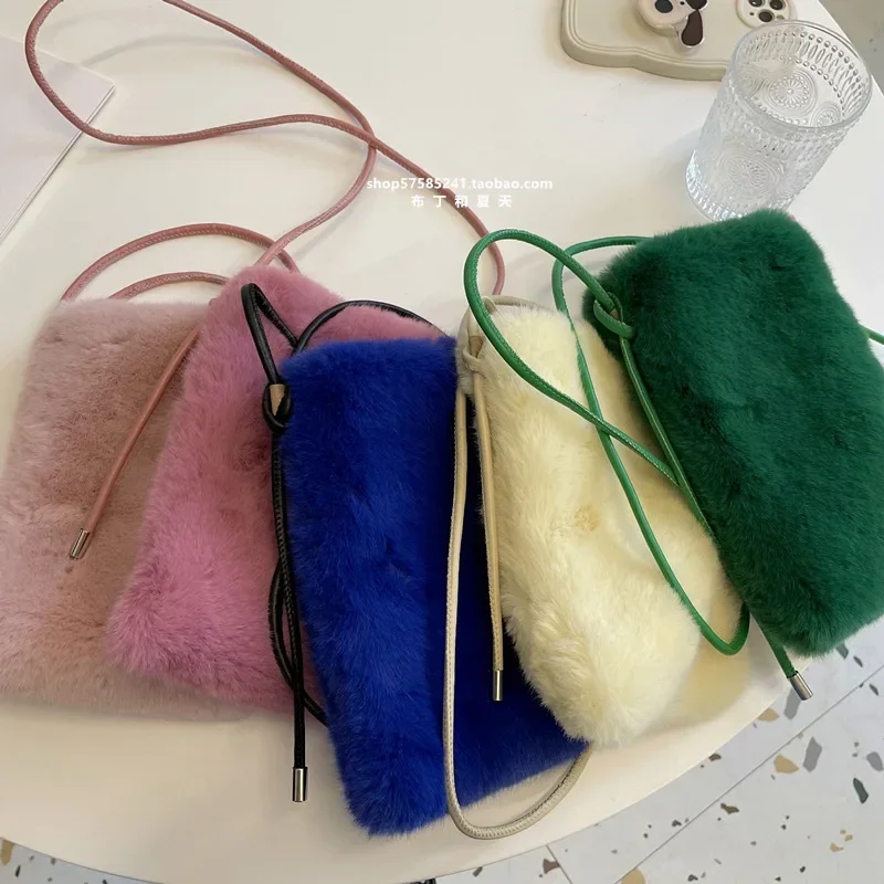 Cute Solid Color Faux Rabbit Fur Plush Shoulder Crossbody Bag Women Fashion Portable Mobile Phone Purse Kawaii Lady Handbag Gift