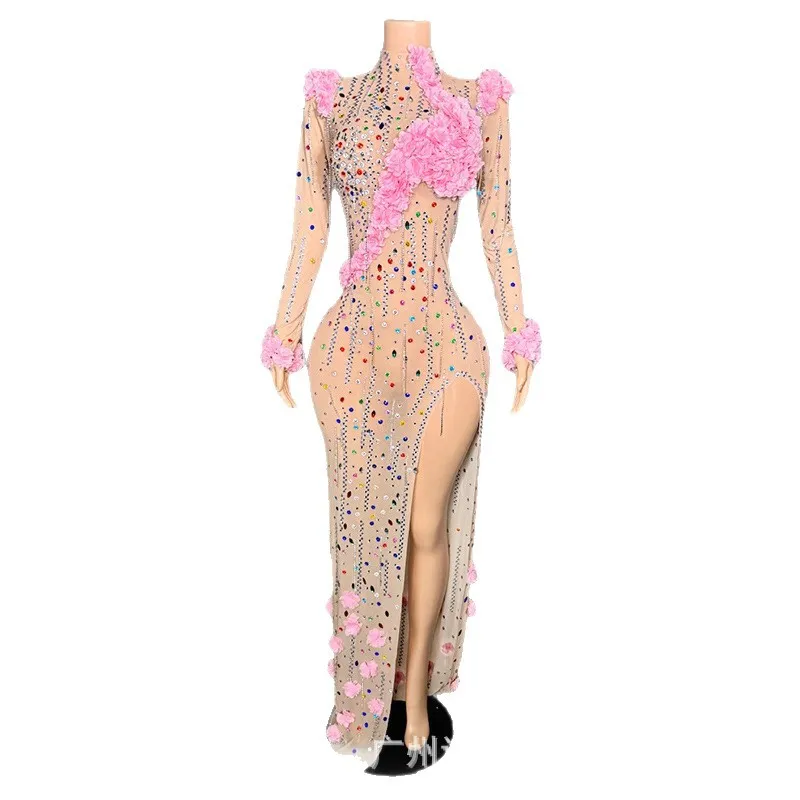Fashion Flower Color Hot Diamond Mesh Split Dress Evening Dress Party Clothing Car Model Performance Clothing Abendkleider Luxus