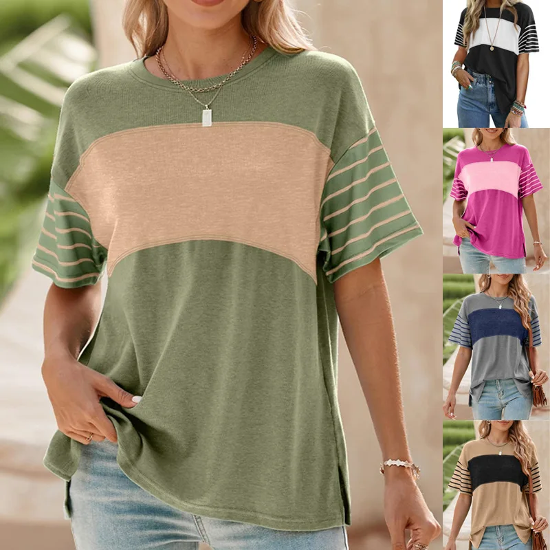 

Stripe Color Block T-Shirt for Women, Loose Fit Short Sleeve Top 2025 New Spring Summer Casual Tee, Round Neck Pullover Shirt