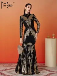 Missord New Round Neck Geometry Long Sleeved Sequin Mermaid Evening Gown Formal Occasion Wedding Birthday Party Church Dress
