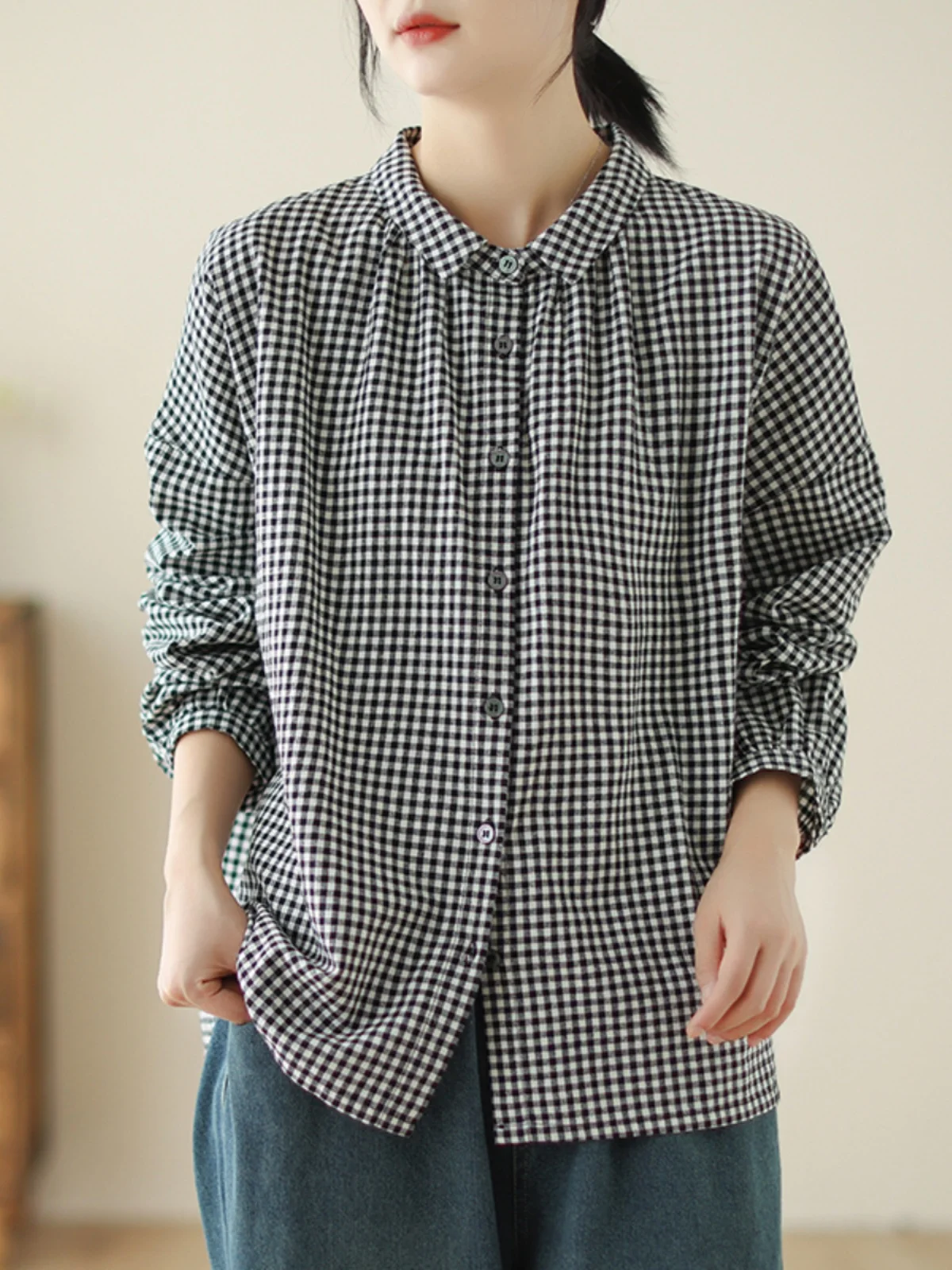 

Loose Long Sve Cheered irt Casual Vintage Women's Button up Collar Doll Top Spring Autumn Japanese Sle Faion