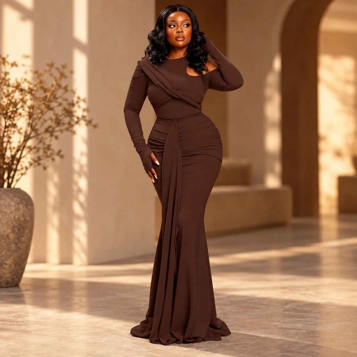 Round Neck Pullover Dress Mid Waist European and American Style with Streetwear Bodycon Long Sleeve Seamless Autumn for Women