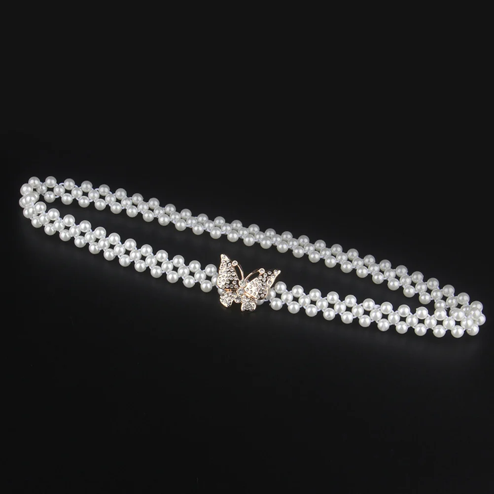 

2Pcs Pearl Waist Belt Elastic Dress Belt Golden Butterfly Waist Chains Rhinestone Waistband Jewelry Wedding Party Accessories