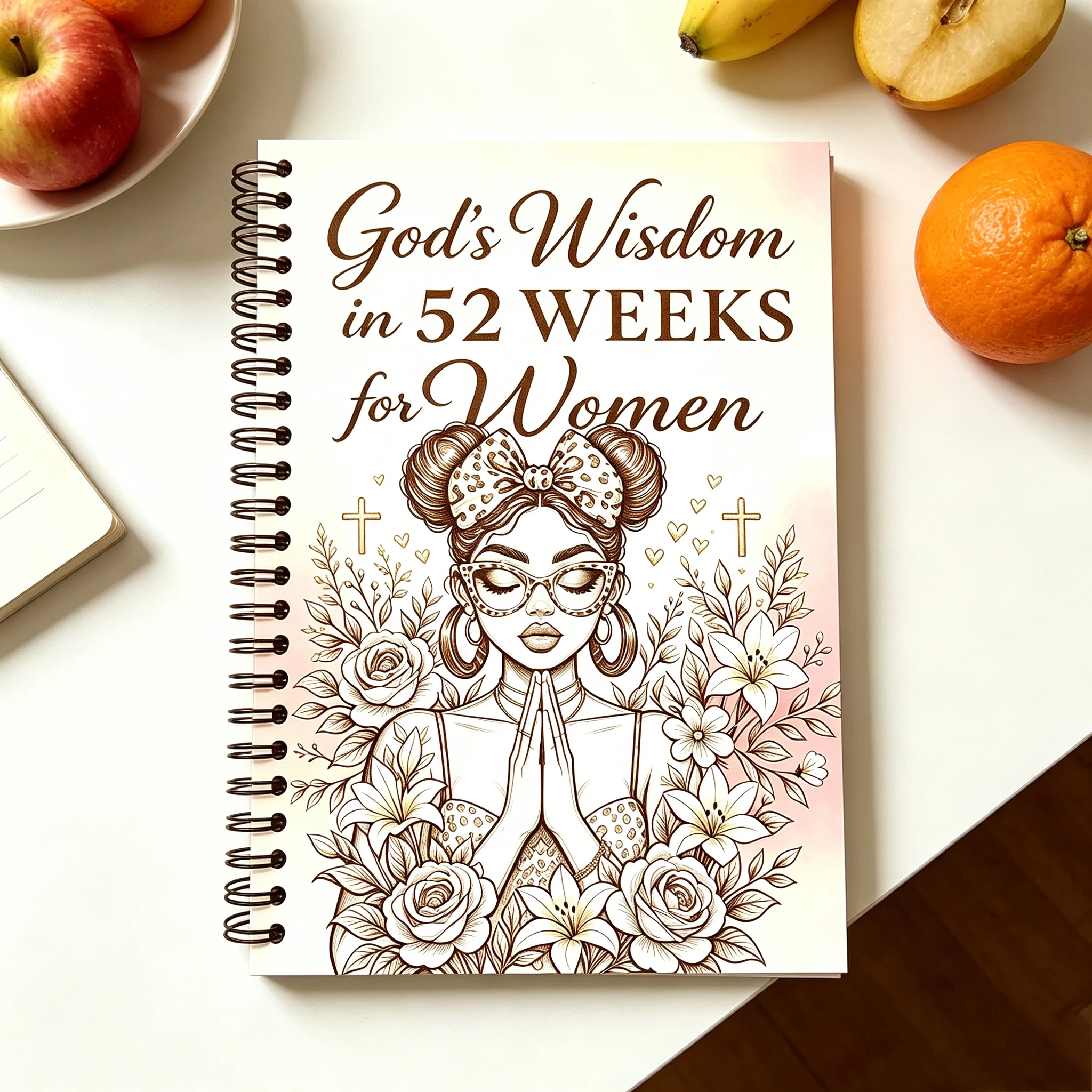 52 Weeks God's Wisdom Devotional Spiral Notebook for Black Women, Prayer Journal Featuring Leopard Bow Praying Lady, Rose Floral