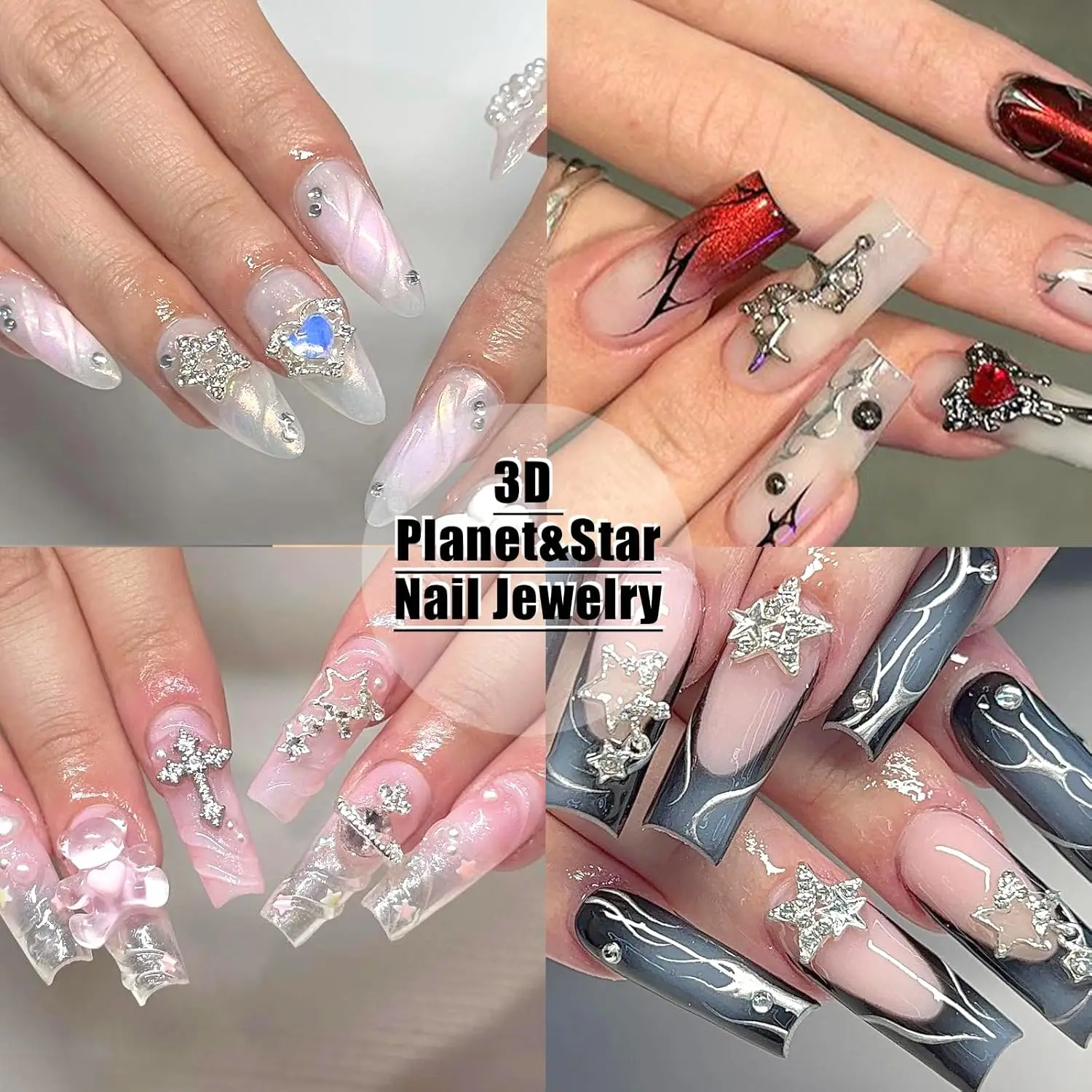 75 pièces croix ongles breloques argent 3D étoile breloques et pierres précieuses saturne planète Nail Art bijoux Multi Style ongles strass pour ongles