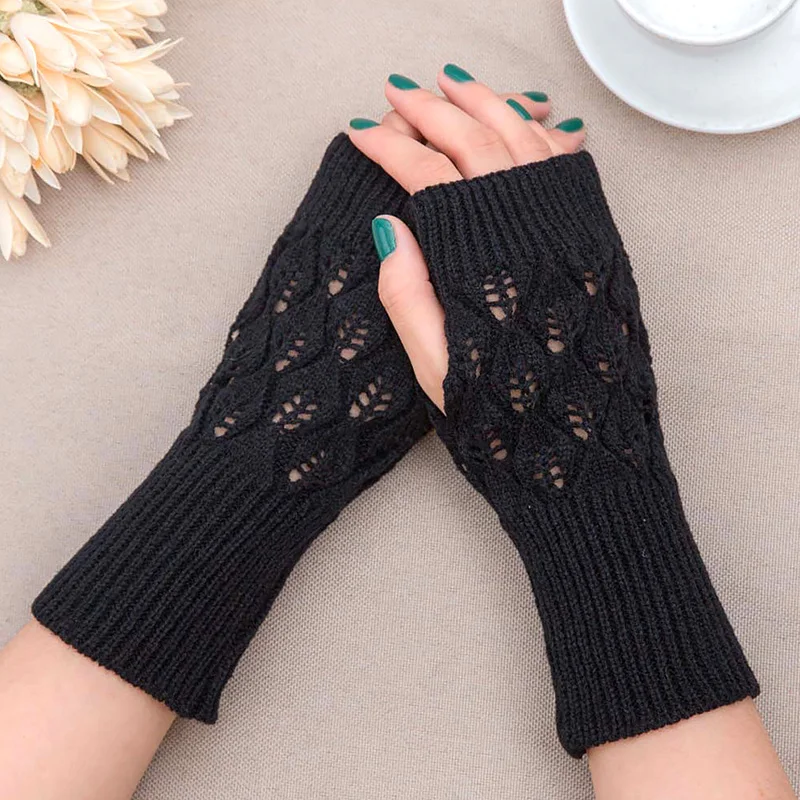 Winter Warm Fingerless Knitted Gloves For Women Acrylic Stretch Half Finger Arm Glove Crochet Knitting Faux Girls Mitten Gloves