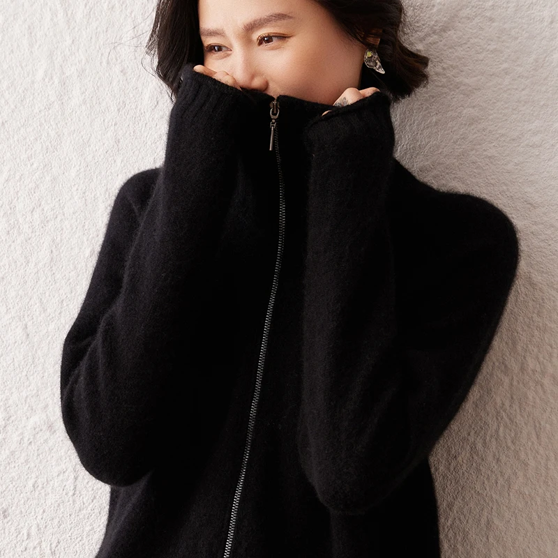 100% Cashmere Cardigan for Women Winter New Sweater Turn-down Collar Loose Solid Color Lazy Seven-needle Knitted Zipper Jacket