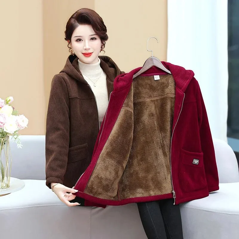 

New Autumn Winter Corduroy Coat Women Add Velvet Warm Hooded Jacket Middle-Aged Mother Casual Outwear Joker Ladies Overcoat Tops