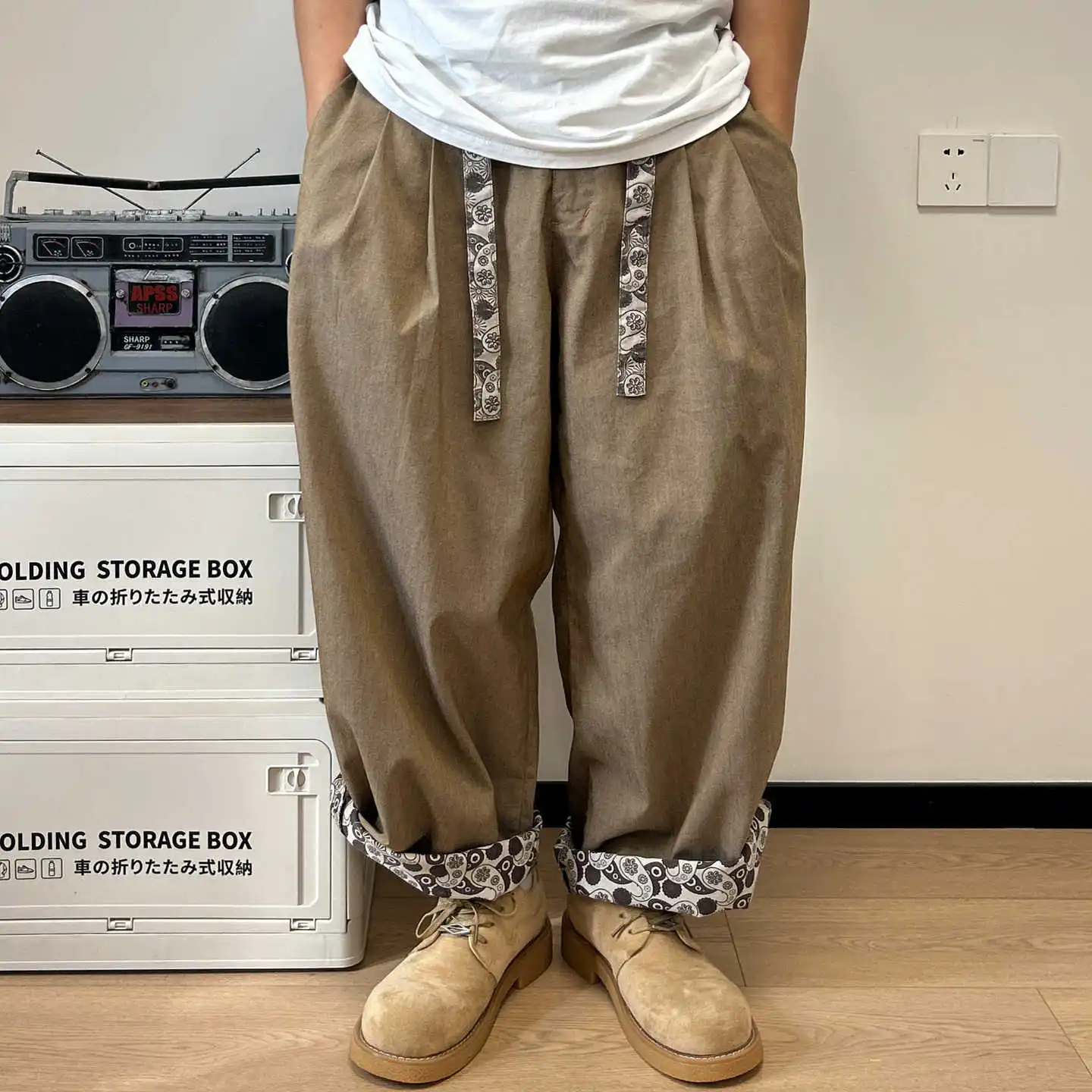 

American Style Cashew Flower Patchwork Casual Pants for Men Loose Vintage Wide Leg Pants