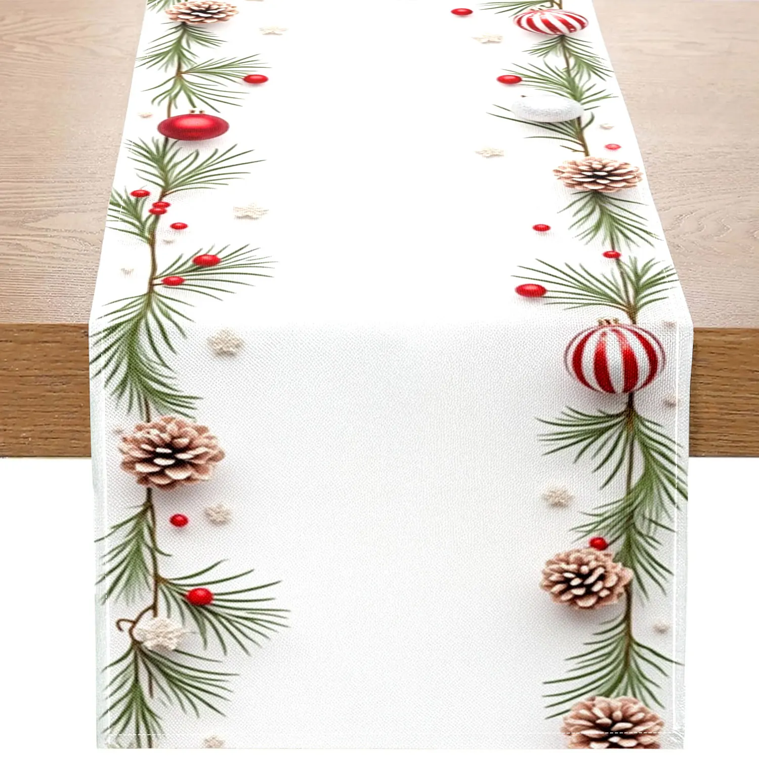 1Pc Christmas-Themed Table Runner with Pine Branches, Colorful Balls, and Pine Cone Patterns, Suitable for Christmas Parties and Festive Home Decoration Scenes.