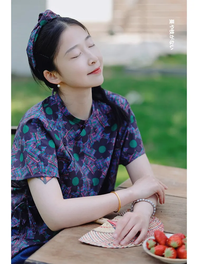 

Летний топ из чистого хлопка с цветочным принтом в китайском стиле, с коротким рукавом, воротником-стойкой и разрезом, дышащий и комфортный, для женщин.