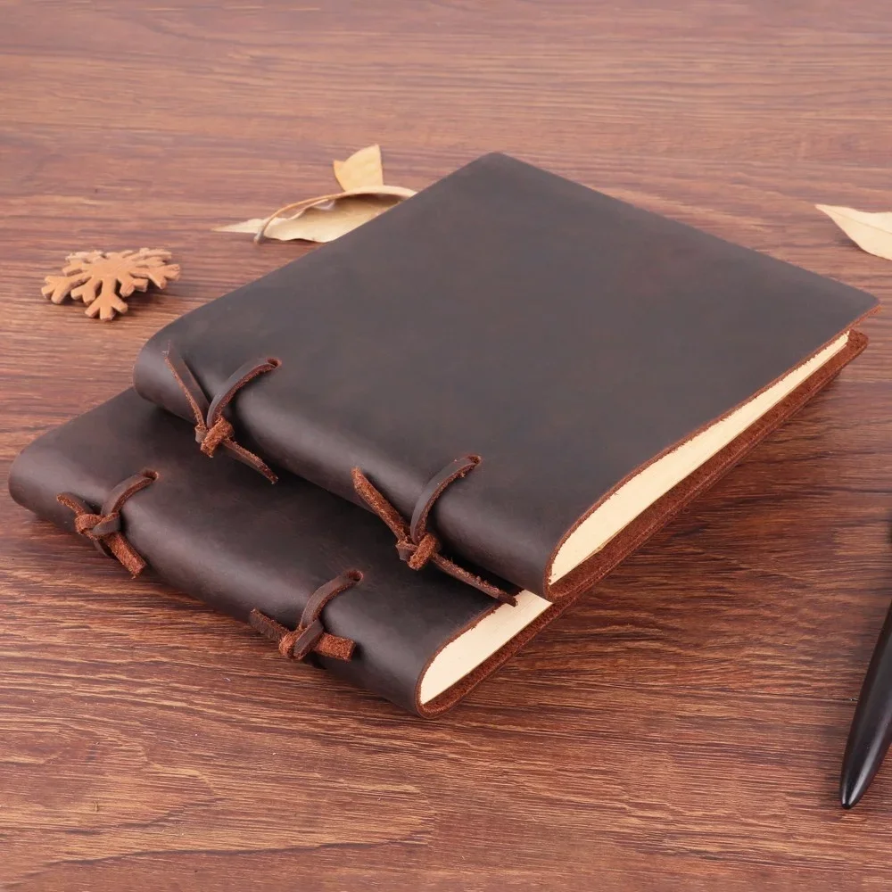 Pure Handmade Rustic Genuine Leather Notebook Craft Paper Crazy Horse Leather Diary Journals Vintage Memo Notepad Paper Material