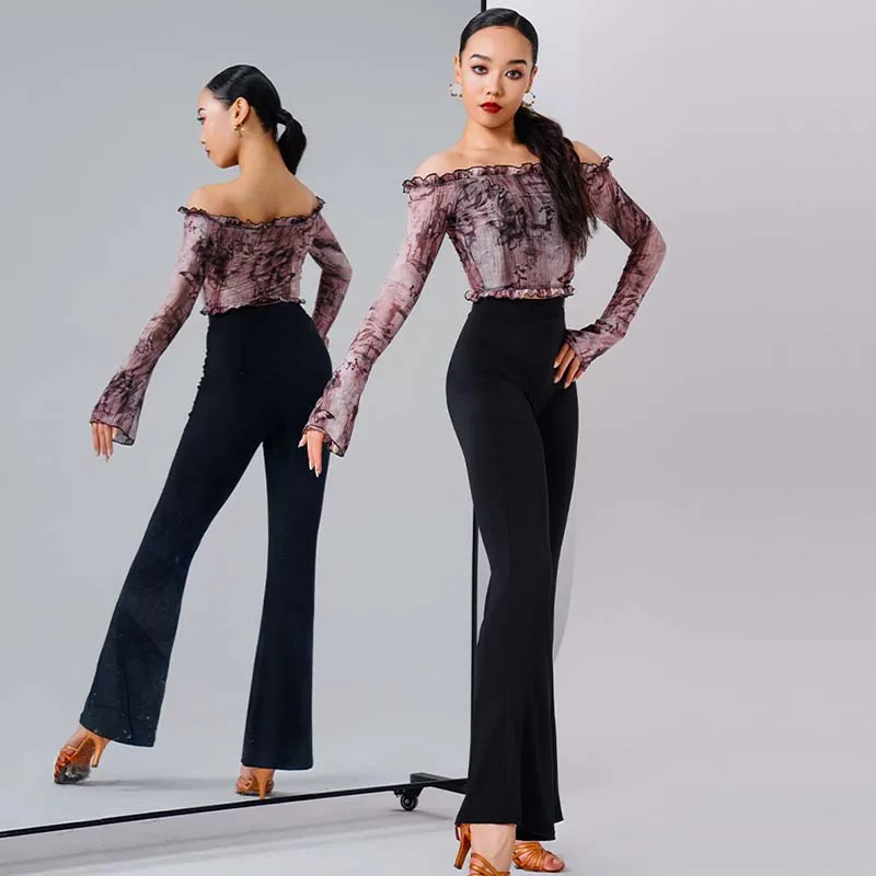 Latin Dance Wear Women Cha Cha Performance Suit Samba Rumba Costume Off Shoulder Dancing Tops Latin Black Pants Female Dancewear