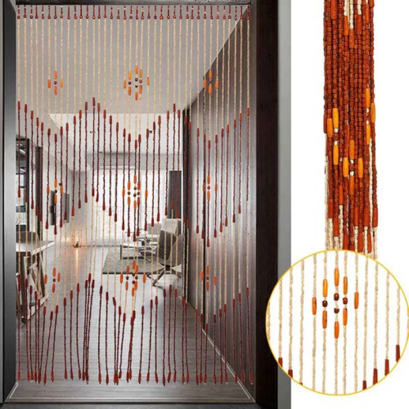 Handmade Bamboo Beaded Door Curtain Partition Divider Living Room Bedroom String Wave Fringe Curtain Wooden Rod Home Decor