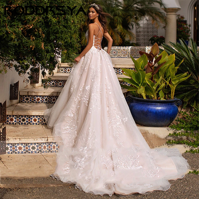 RODDRSYA vestido de novia de princesa con apliques de tul romántico, vestido de novia Simple con tivestido de novia de princesa crantes finos Brautkleid, vestido de novia Sexy con cuello en V con cordones en la espalda