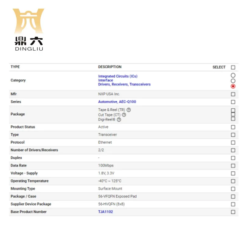 TJA1102HN/0Z IC TRANSCEIVER 2/2 56HVQFN TJA1102HN/0Z Transceiver Ethernet 56-HVQFN