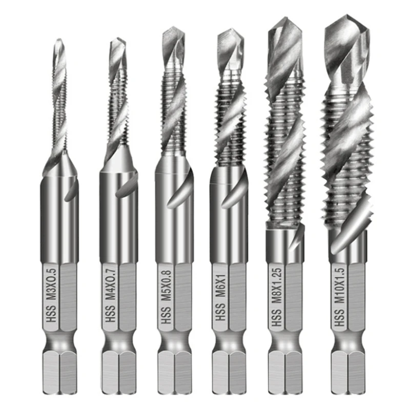 6pcs M3-M10 Screw Tap Drill Bits HSS Taps Countersink Deburr Set Metric Combination Bit 1/4Inch Hex Shank Quick Drop Shipping