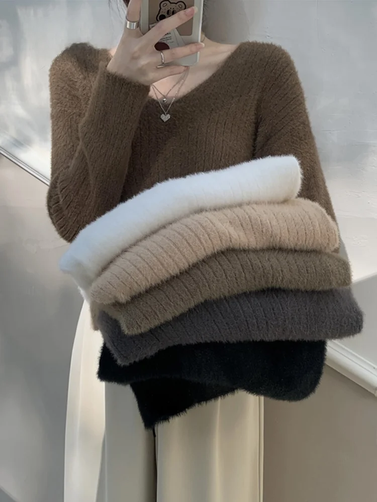 

Мягкий уютный свитер из искусственной норки V-Ne, женская внутренняя одежда, модный вязаный топ, облегающий крой, длинный свеч, чистый цвет, осень...