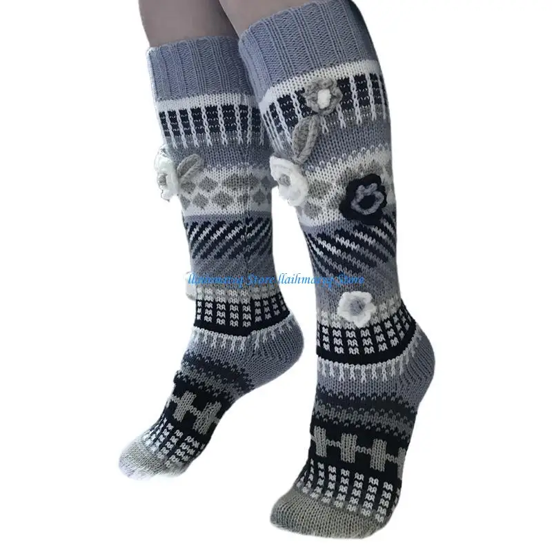 573B Women Multicolor Crochet Knee High Socks Knit Flower Warm Geometry Stockings