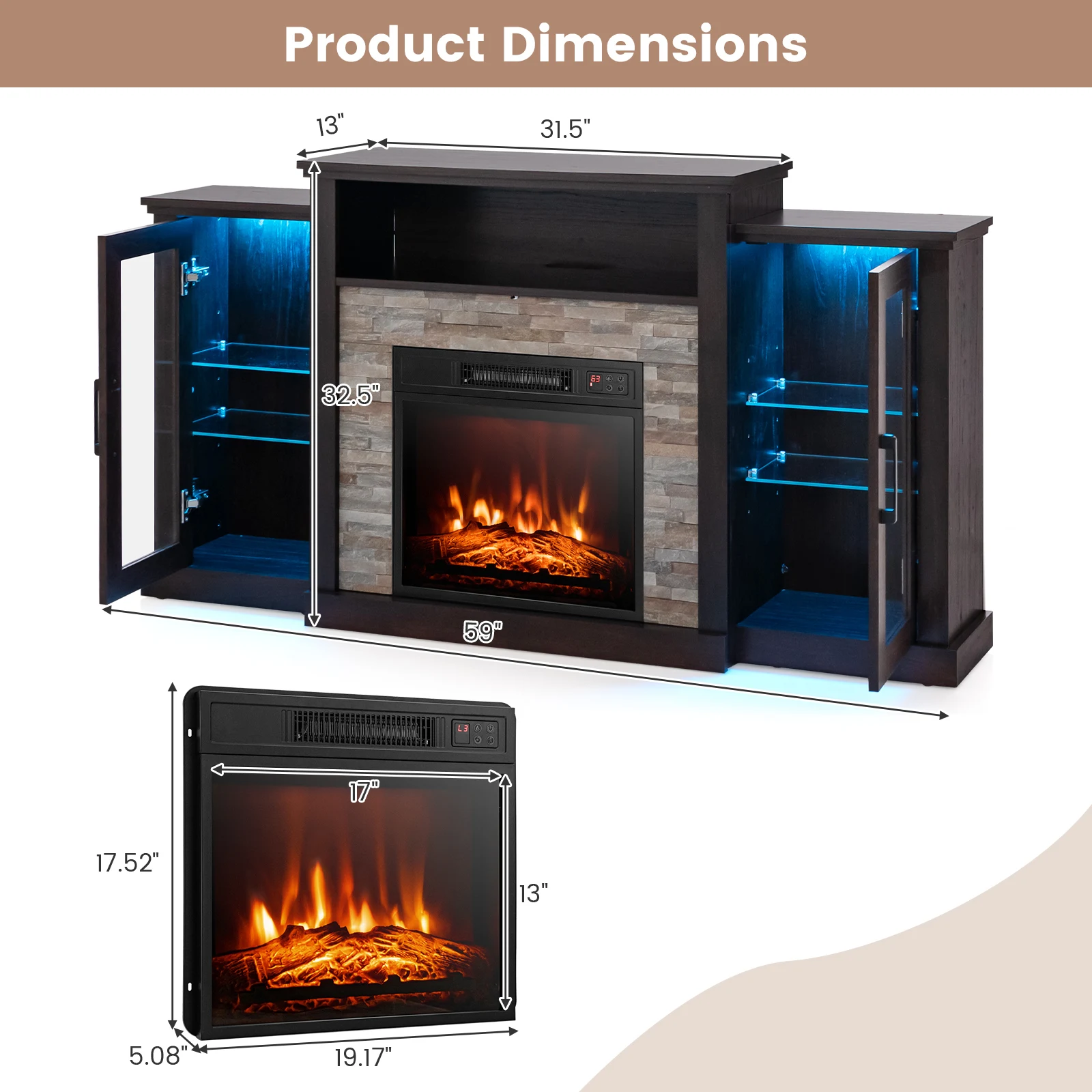 Fireplace TV Stand w/ Led Lights & 18