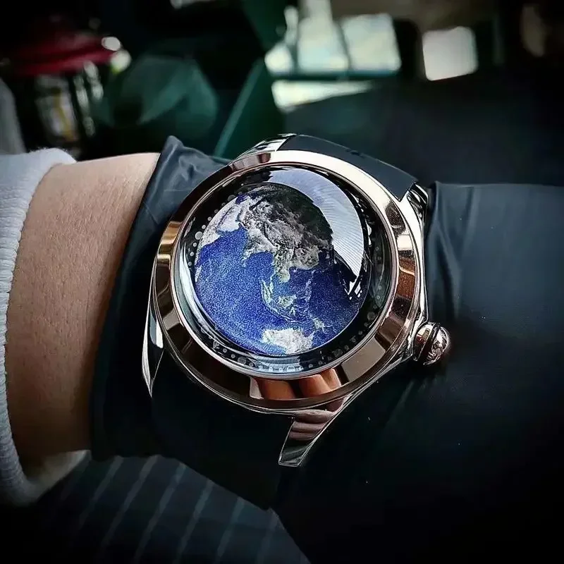 Nuevo reloj Blue Planet genuino, reloj mecánico completamente automático, relojes de moda para hombres, esfera grande con burbujas