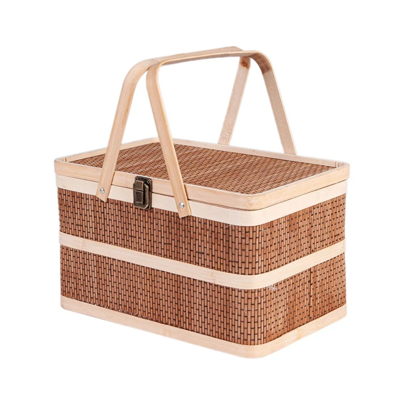 Woven Baskets Bamboo Portable Picnic Fruits Natural Holder Lid Bread Zongzi Organizer Durable